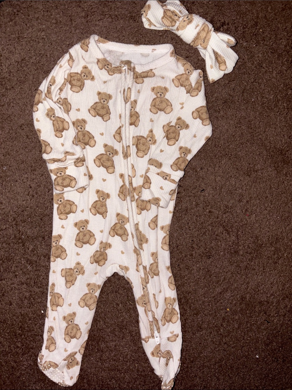 Caden Lane White Footed One-Piece with Brown Teddy Print and Headband